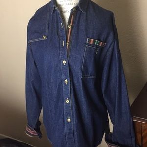 Cameo Rose Western Cowgirl Denim Aztec Trim Shirt